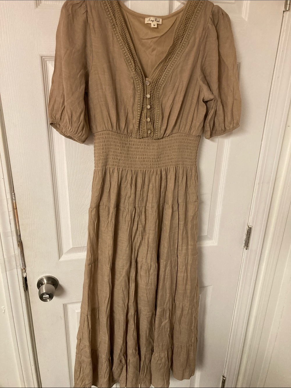 Vince Camuto Taupe Smocked Waist Button-Front Maxi Dress